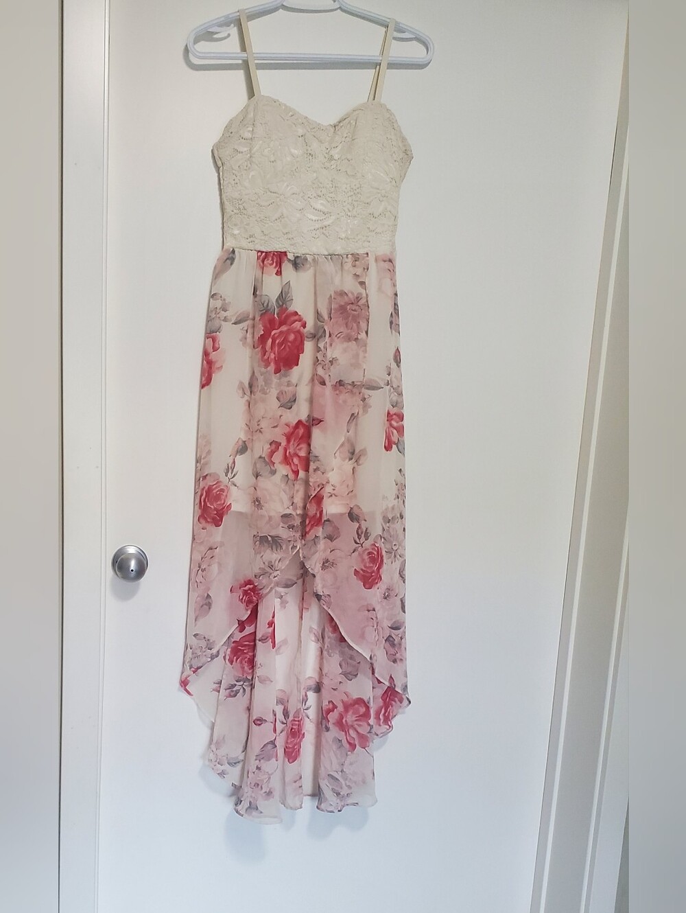 Lily Rose Cream Lace Bodice Pink Floral High-Low Dress Medium